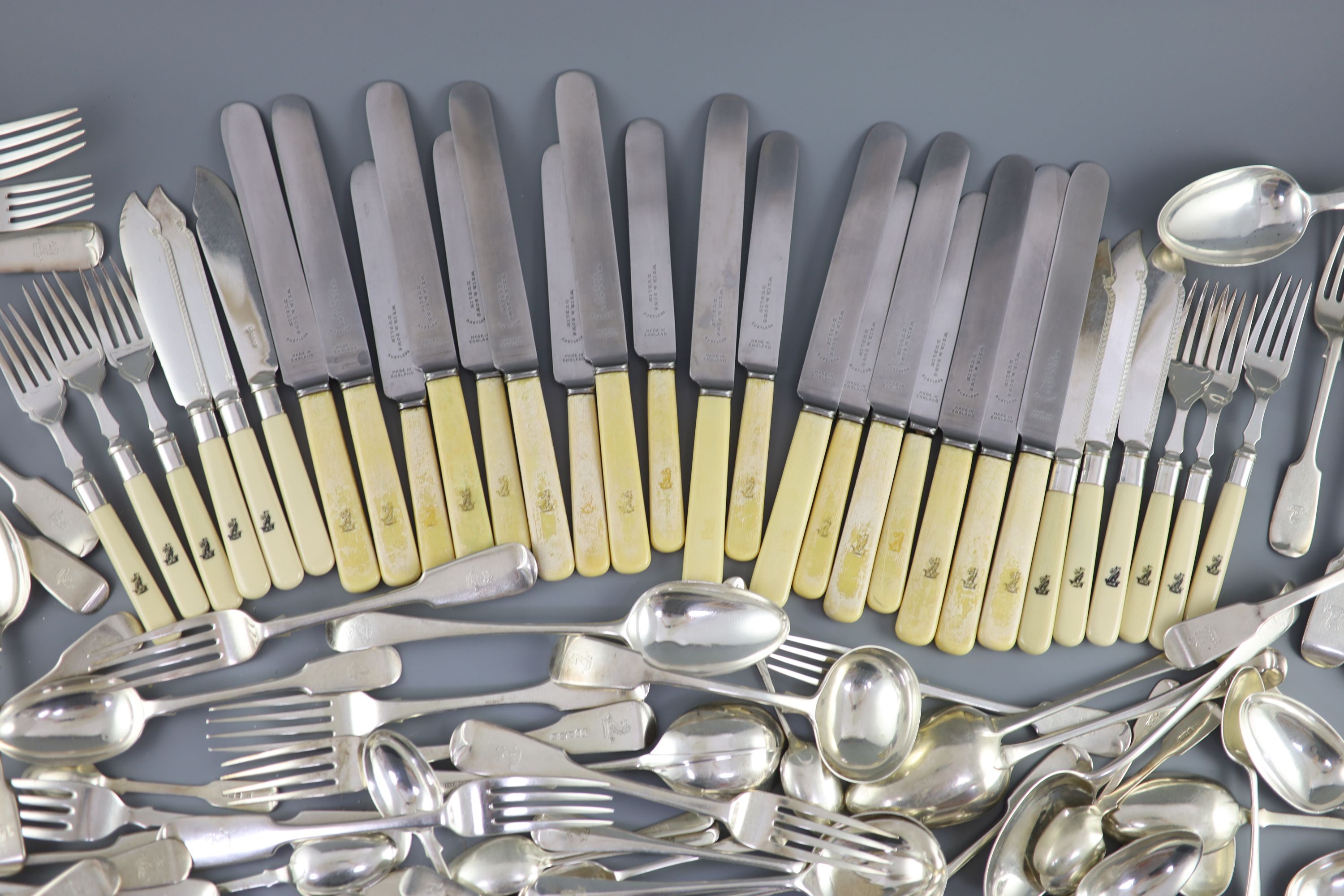 A 19th/20th century century harlequin canteen of silver fiddle and Old English pattern cutlery, comprising ninety seven items, mainly Josiah Williams & Co, London, 1900